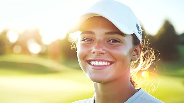 Beautiful Female Golf Player Smiling - Young Woman with her hair up Wearing White Cap and Blue T-Shirt, Standing on Green Grass Golf Course on Sunny Day
