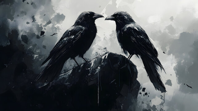 painted sitting bird crows on a white background, viking symbol, hugin and munin