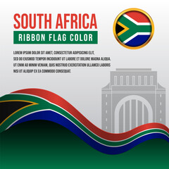 South Africa ribbon flag with Voortrekker Monument silhouette and decoration