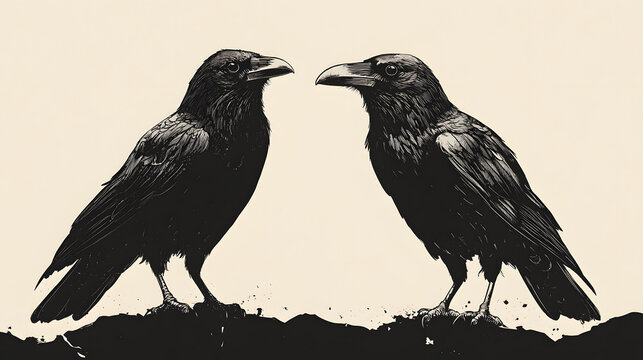 painted sitting bird crows on a white background, viking symbol, hugin and munin