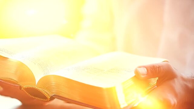 Closeup of Man Holding Glowing Holy Bible on Wooden Table - Male Christian Studying and Reading God's Word for Salvation and Forgiveness of Sins, Religious Belief, Jesus Gospel