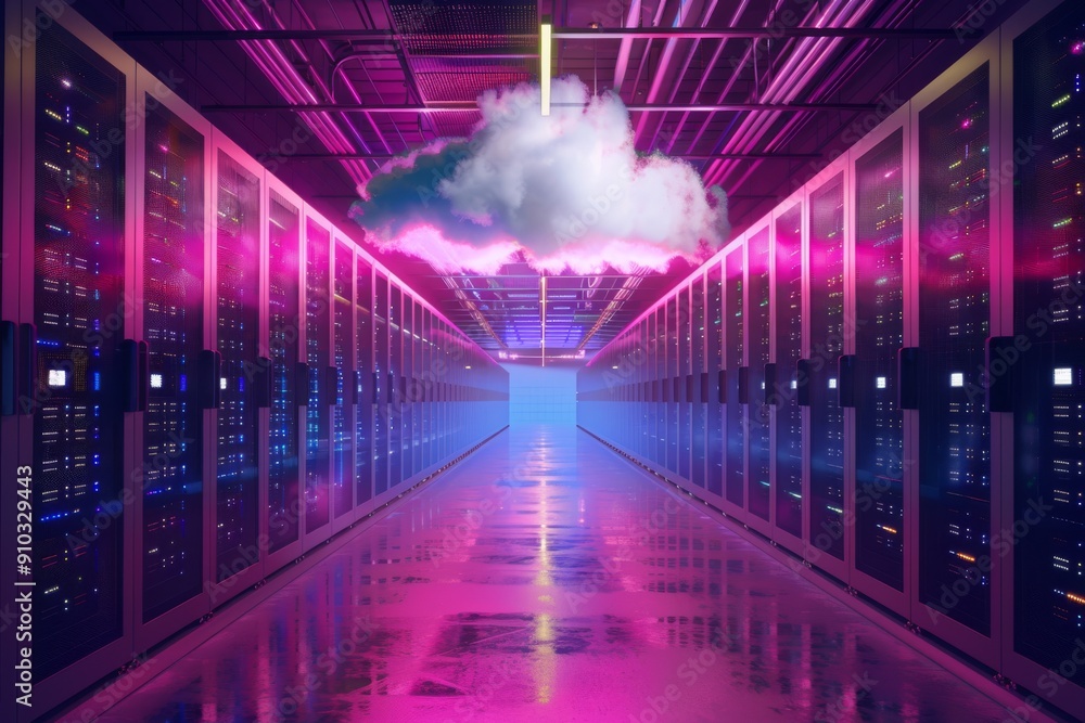 Poster cloud symbolizing data storage, floating in a server room setting, cloud computing infrastructure, a