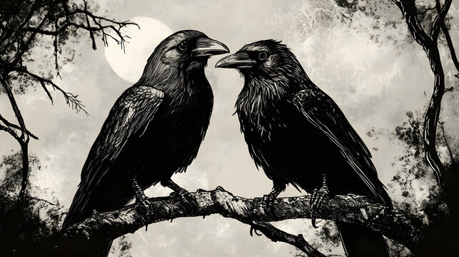 painted sitting bird crows on a white background, viking symbol, hugin and munin