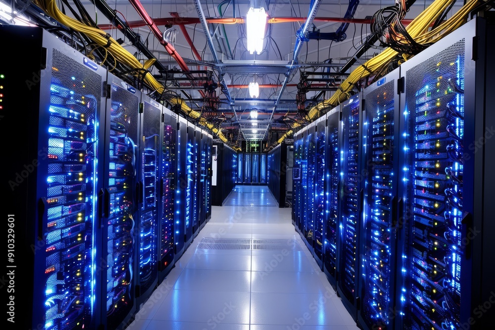 Poster cloud symbolizing data storage, floating in a server room setting, cloud computing infrastructure, a