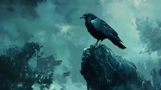 painted sitting bird crows on a white background, viking symbol, hugin and munin
