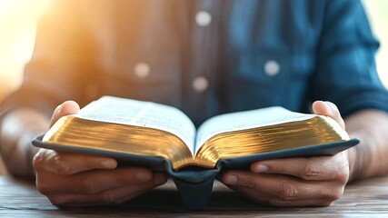Man Holding Glowing Holy Bible on Wooden Table - Closeup of Christian Reading and Studying Scripture for Salvation and Forgiveness, Faith in Jesus Gospel