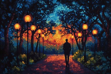 A surreal vivid vibrant coloured stippling dot art of a man walks on path in the park with street lamps, in the style of pointillism painting, night sky, blue yellow and red colors, orange lightings.