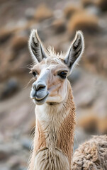 Obraz premium A close-up portrait of a llama with soft brown, white, and black fur, showcasing its gentle and curious nature. 