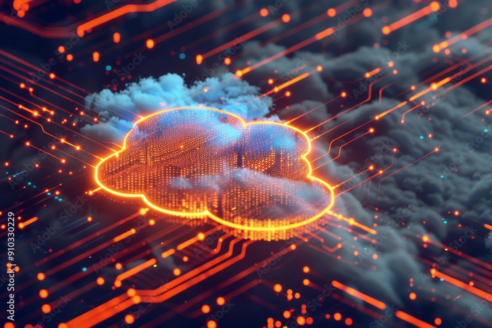 Poster image of a cloud inside a server room, illustrating cloud-based services, cloud computing infrastruc