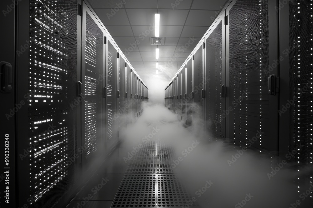 Poster image of a cloud inside a server room, illustrating cloud-based services, cloud computing infrastruc