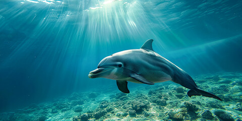 Fototapeta premium Bottlenose Dolphin Swimming in Clear Blue Ocean Waters