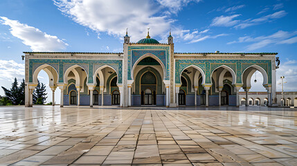 Fototapeta premium A mosque with blue green and white tiles, intricate arches, and a reflective courtyard, evokes peace and spirituality. 