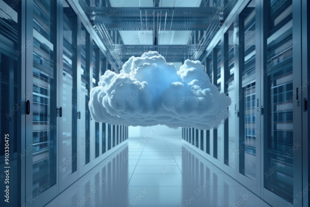 Poster a cloud hovering in a server room, representing cloud computing technology, cloud computing infrastr