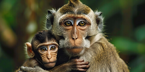 Macaque mother and infant sharing a close bond in the wild