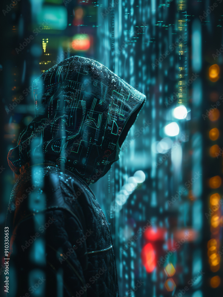 Poster hacker in the hood, hacker attack, silhouette of the man, mixed media. the concept of a sudden attac