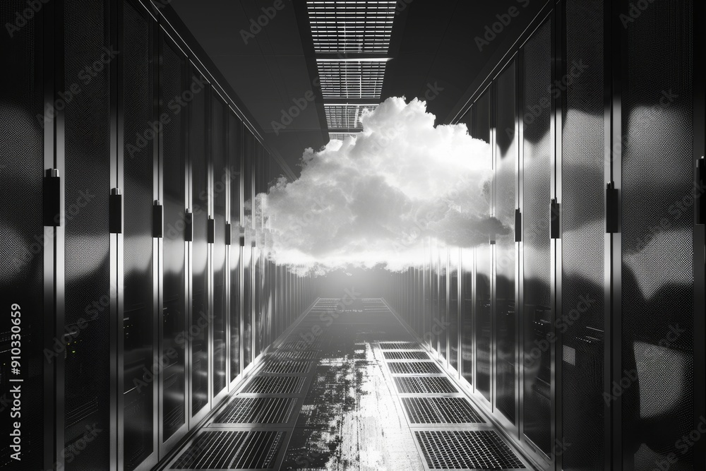 Poster a cloud hovering in a server room, representing cloud computing technology, cloud computing infrastr