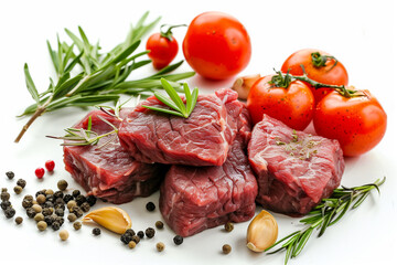 Fresh Raw Beef with Tomatoes, Garlic, and Herbs on White Background