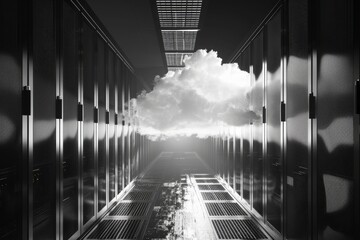A cloud hovering in a server room, representing cloud computing technology, Cloud computing infrastructure, AI generated