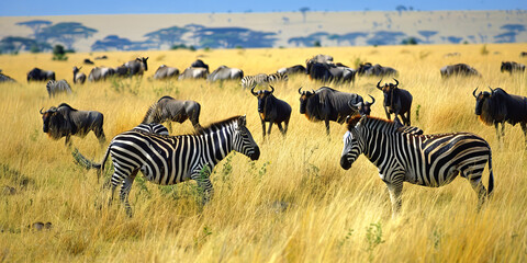 Obraz premium Wildebeest and zebras roaming in the African grasslands