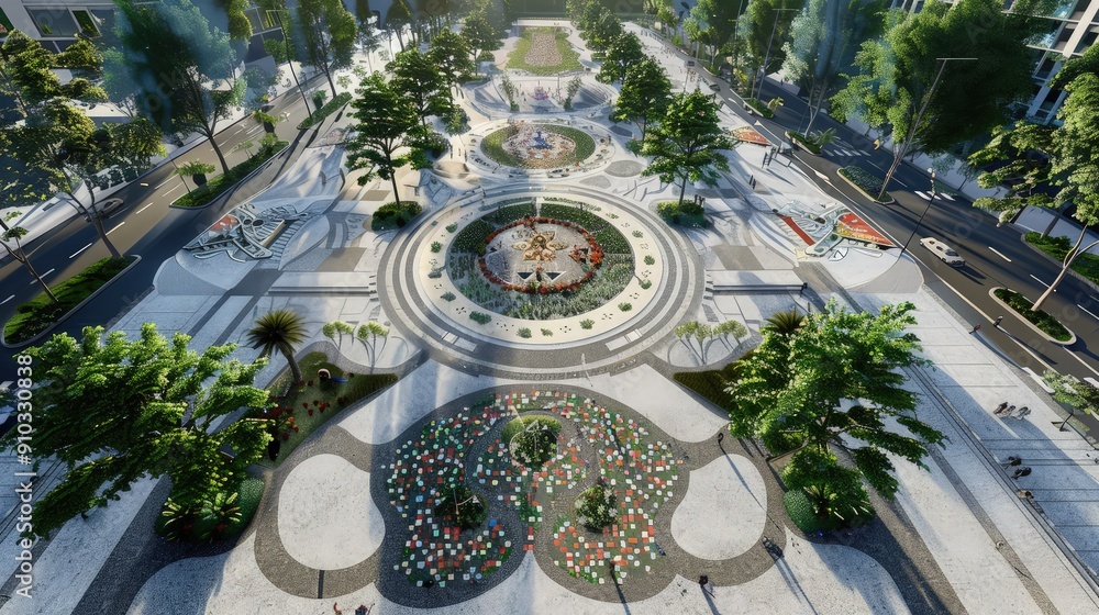 Poster an expansive public square with detailed permeable paver artwork, showcasing a complex mosaic visibl