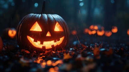 Obraz premium A lit pumpkins sits alone in a green field, surrounded by tall grass
