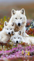 Arctic wolf pack resting in vibrant tundra