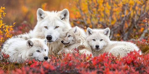 Arctic wolf family in colorful autumn tundra