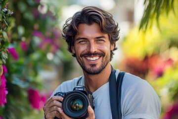 Confident Male Photographer Motivated to Capture Moments with Camera in Hand
