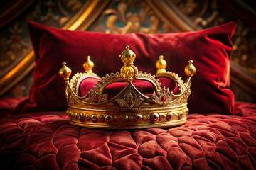 Opulent golden crown rests on a luxurious velvet pillow, surrounded by ornate regalia, against a richly textured crimson backdrop, evoking majesty and royal splendor.