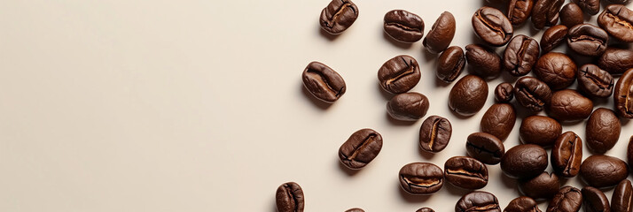 Scattered Roasted Coffee Beans on Beige Background