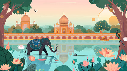 Vibrant illustration of an elephant in a tranquil pond with the Taj Mahal in the background, evoking the beauty and serenity of India. 
