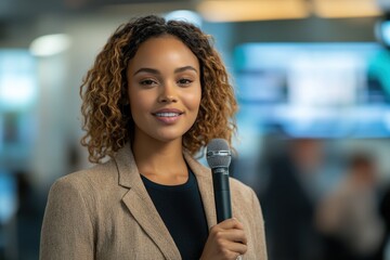 Confident Female Journalist Reporting in Newsroom with Microphone - Professional Broadcasting Concept
