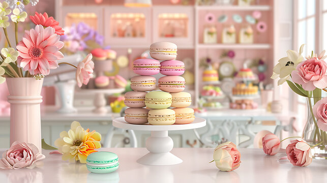 A delightful arrangement of colorful macarons on a white cake stand in a charming bakery setting. Perfect for food, bakery, and dessert themes. 
