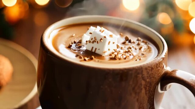 Hot Cocoa with Marshmallows
A close-up shot of a steaming mug of hot cocoa topped with marshmallows and a sprinkle of cinnamon, resting on a rustic wooden table