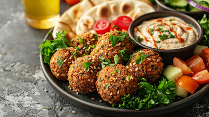 Plate of falafel balls with hummus, pita, and fresh vegetables