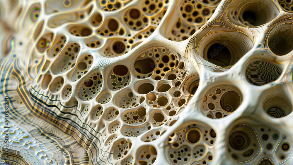 Fototapete biomimetic network. digital rendering of a complex network of interconnected bubbles and channels in