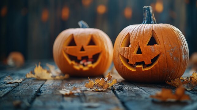 Jack o lanterns on a wooden surface with one pumpkin filled with gourmet Halloween themed treats creating a marketable and festive snack display