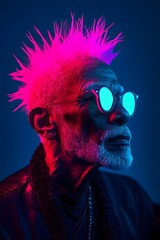 Trendy older man with pointy hairstyle, neon, club, punk