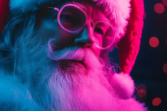 Trendy older Santa Claus man, Christmas, neon, club, punk