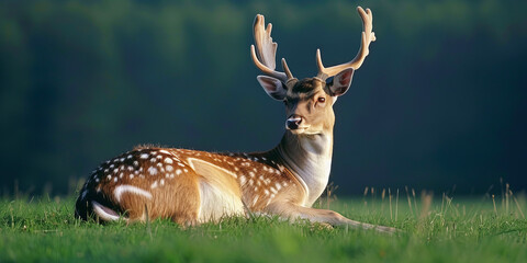 Majestic spotted deer resting on a grassy field