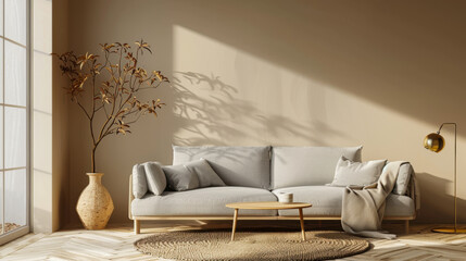 Gray couch with pillows and a table with a potted plant