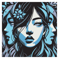 Digital illustration of a serene woman with intricate floral patterns in her hair, cool blue palette, artistic vibe.