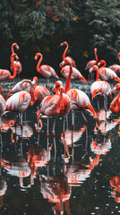 Naklejka premium Flamingos in a pond with reflections, surrounded by trees