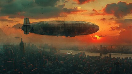 Naklejka premium Airship Flying Over Cityscape at Sunset