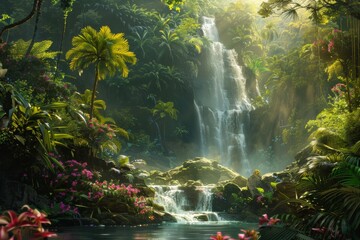 Obraz premium Scenic waterfall surrounded by jungle greenery and rocks, Capture the allure of a hidden waterfall in a remote jungle. Ai generated
