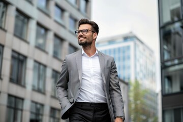 Fototapeta premium Young confident entrepreneur sitting in modern office smiling and looking at camera - generative ai. Beautiful simple AI generated image in 4K, unique.