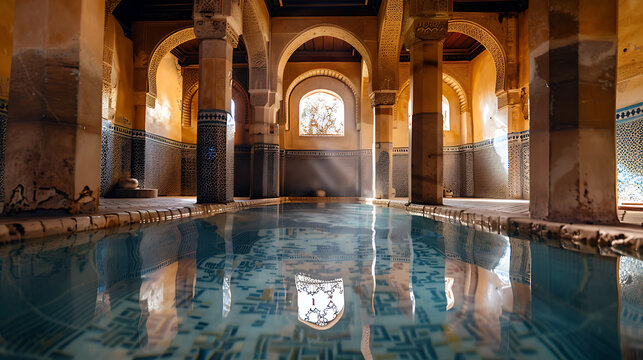 Serene interior of a historic Moroccan hammam, bathed in warm sunlight, showcasing intricate tilework and a tranquil pool. 
