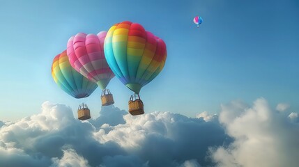 Naklejka premium Three vibrant rainbow heart-shaped hot air balloons fly together over a sea of dense, soft white clouds under a clear blue daytime sky, ideal for inspirational headers.