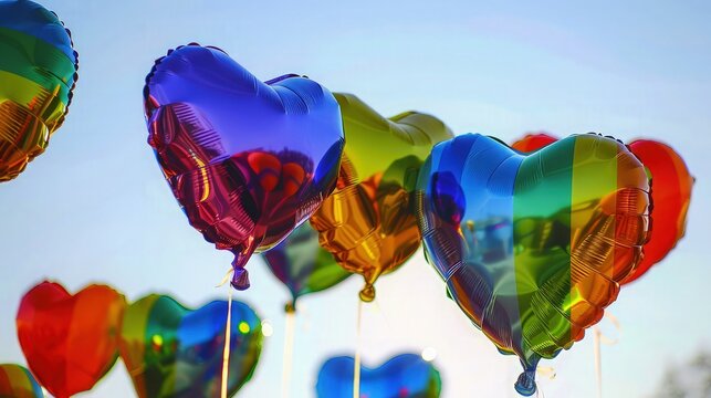 Heart-shaped balloons in vibrant rainbow colors floating against a clear blue sky, symbolizing freedom and acceptance for all. - Powered by Adobe