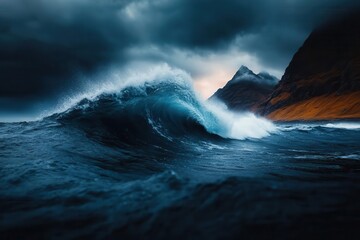 A dramatic ocean wave crashes against a rugged coastline under a stormy sky, capturing nature's raw beauty and power.